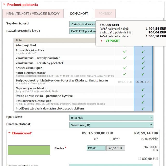 Kalkulácia poistenia domácnosti na portáli Kooperatívy
